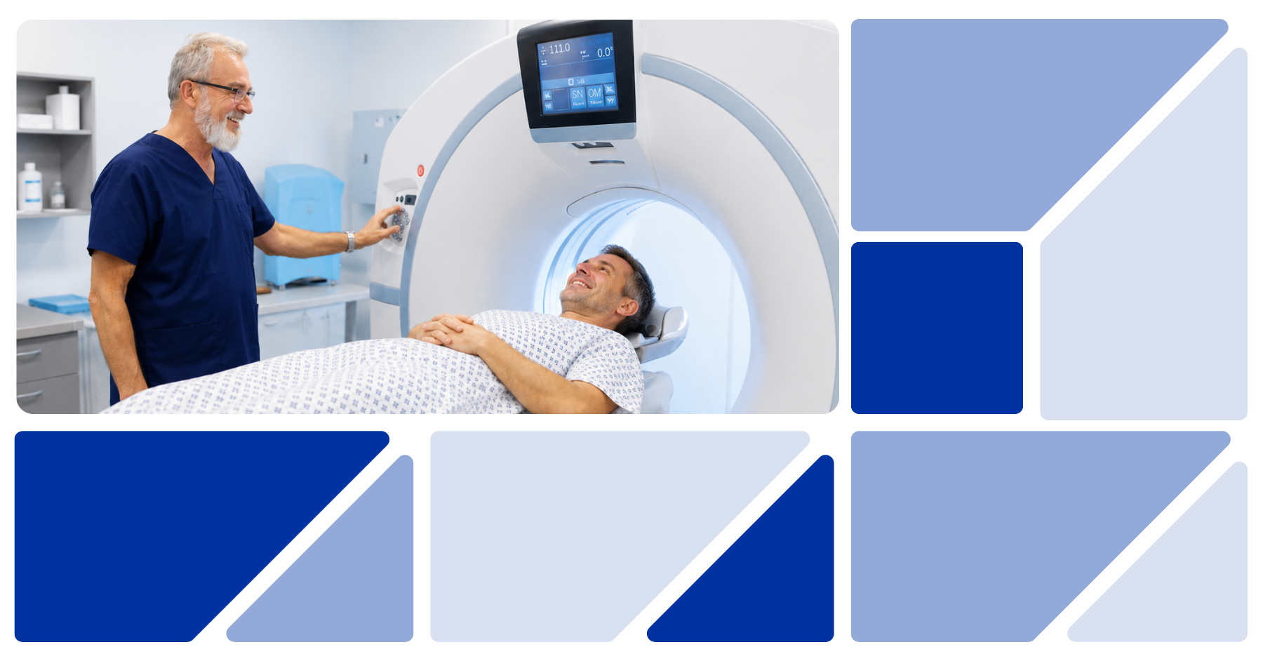 Imaging technologist in dark blue scrubs assists a patient positioned for a CT scan.