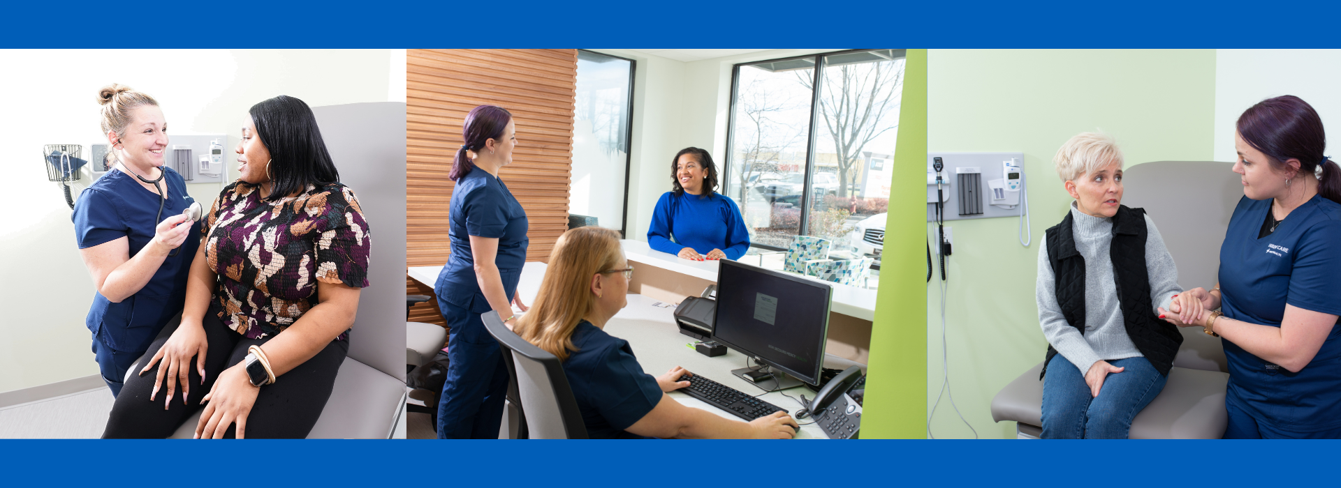 Collage of healthcare workers in action, including nurses and medical staff treating patients, and administrative staff checking in patients at a front desk.