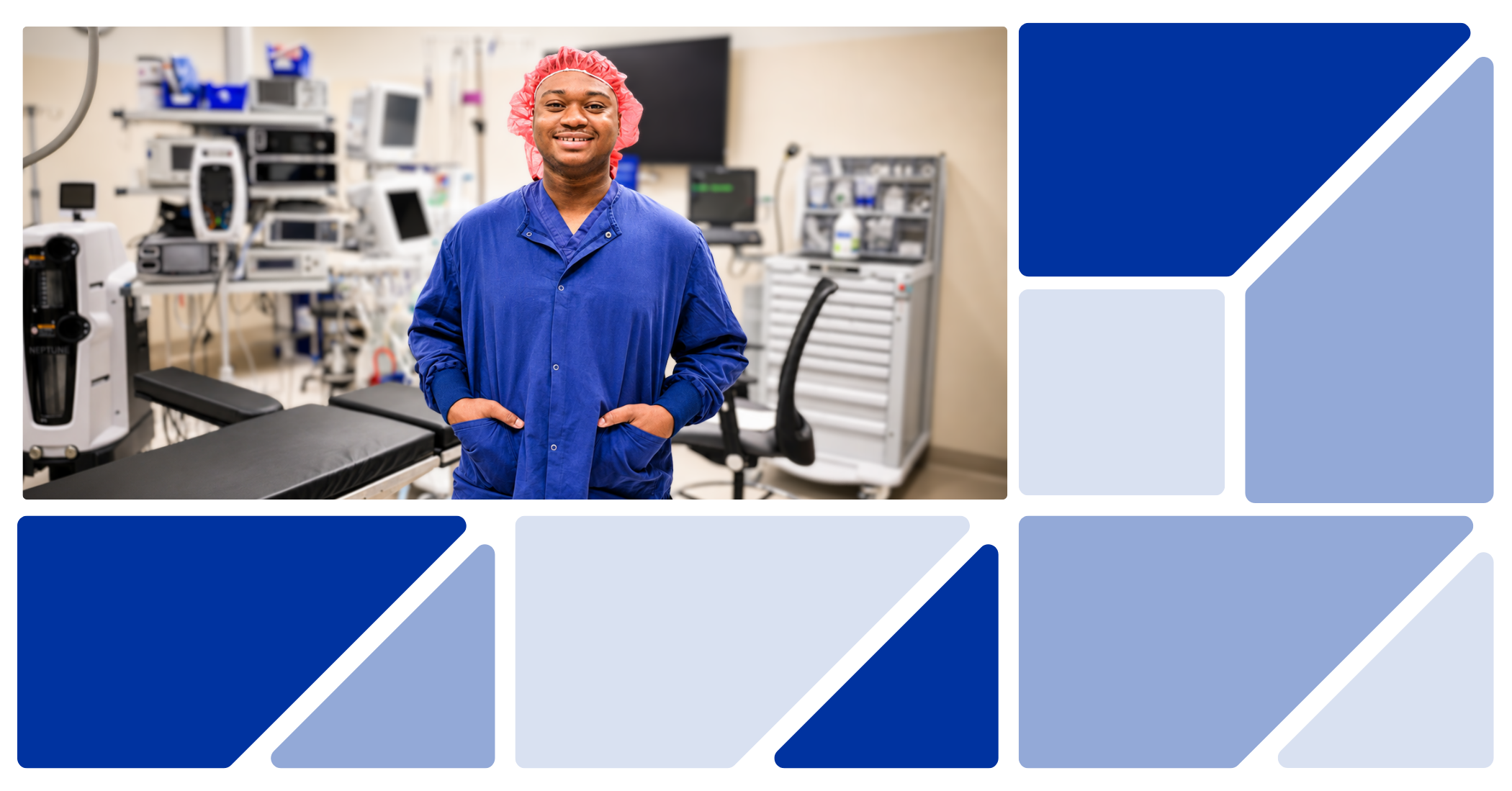Smiling surgical services professional in blue scrubs and a surgical cap standing in a hospital procedure room with medical equipment in the background.