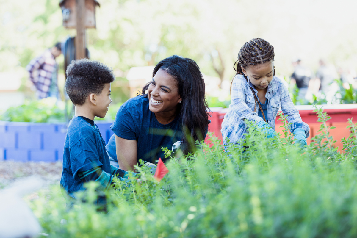 A smiling woman and two children work together in a vibrant community garden, surrounded by lush green plants and colorful raised garden beds. 
