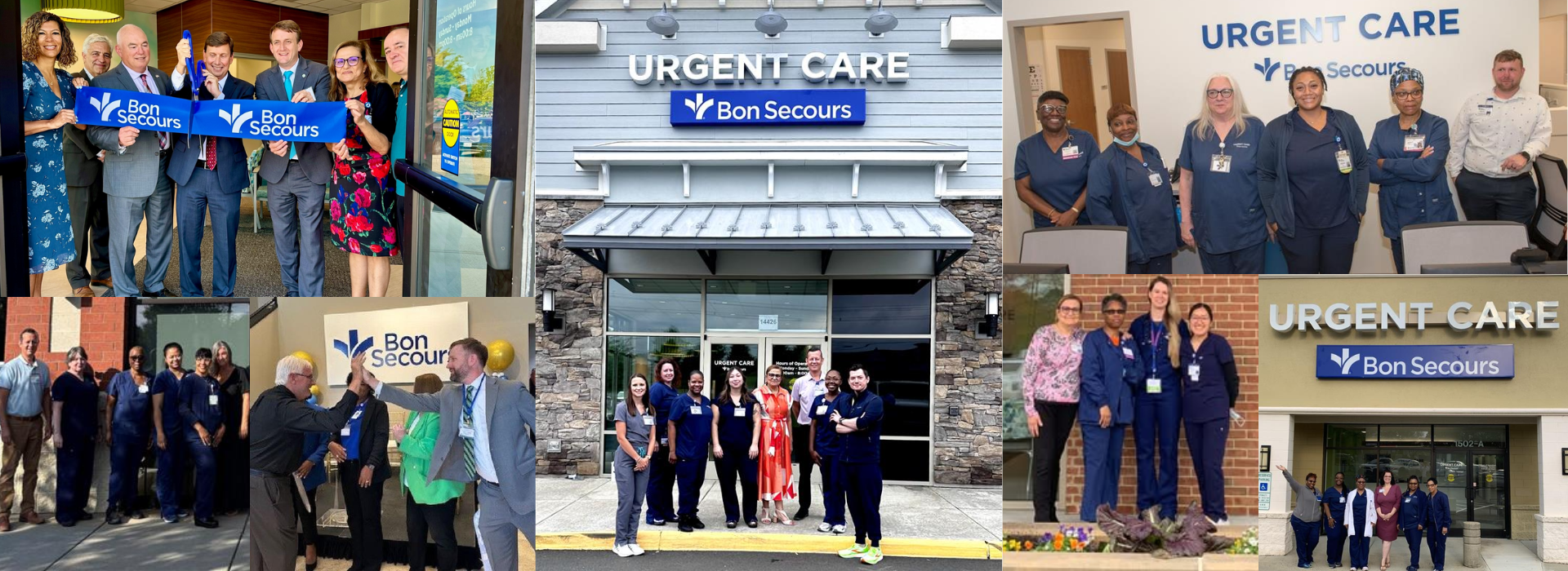 Collage of Bon Secours Urgent Care locations and teams, including ribbon-cuttings, staff group photos and clinic storefronts.