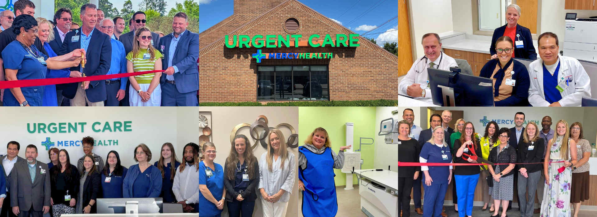 Collage of Mercy Health urgent care ribbon-cuttings, medical teams, and facilities, featuring staff, providers, and modern urgent care centers.