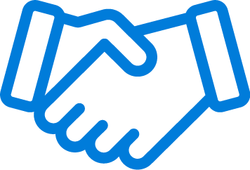 A blue line art icon of hands shaking.