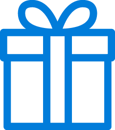A blue line art icon of a gift box.