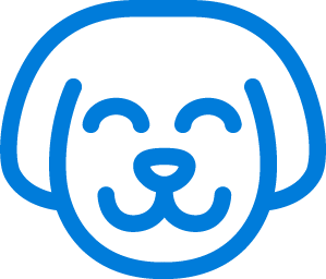A blue line art logo of a dog's smiling face.