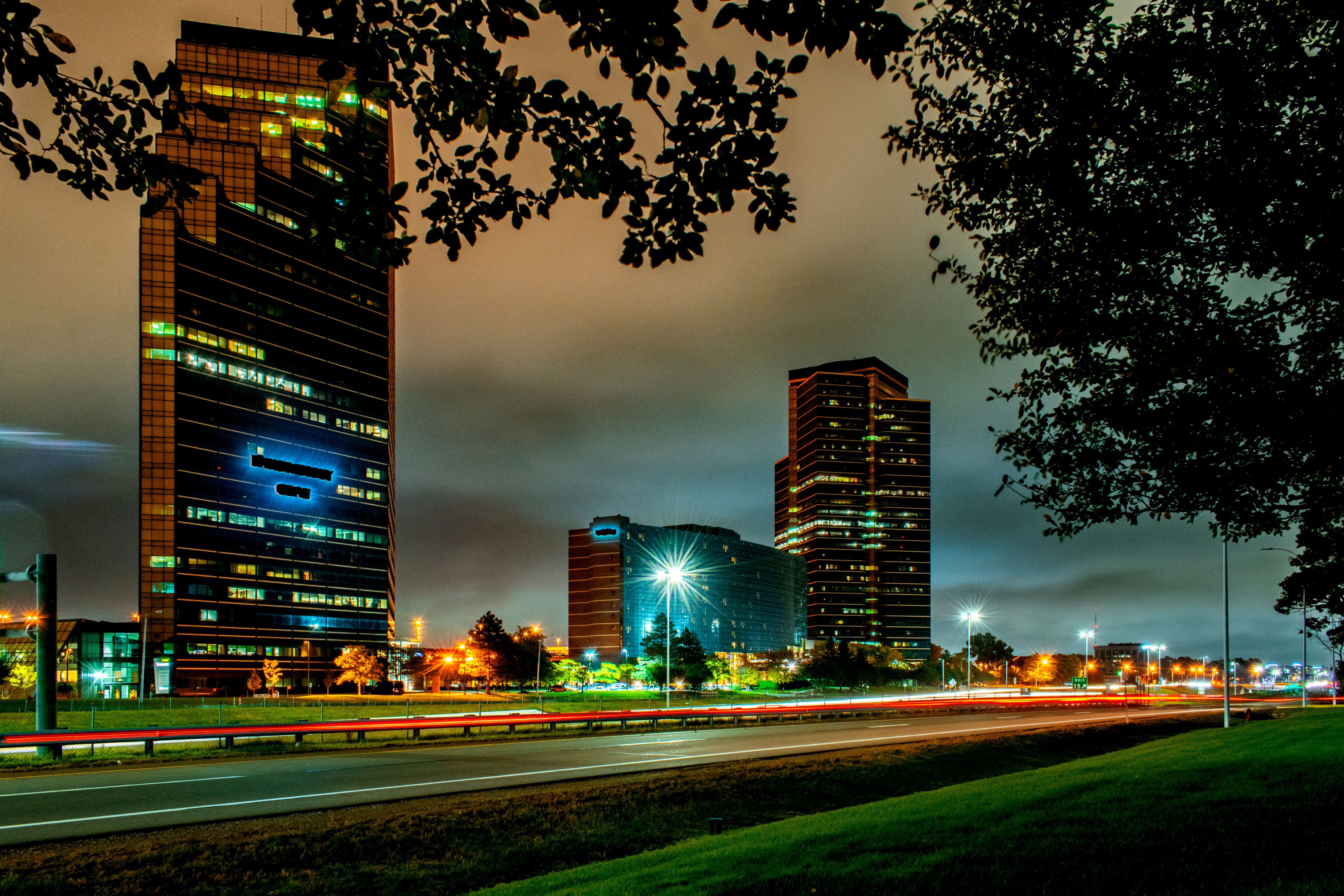 A night view of tall buildings in Southfield, suburb of Detroit.