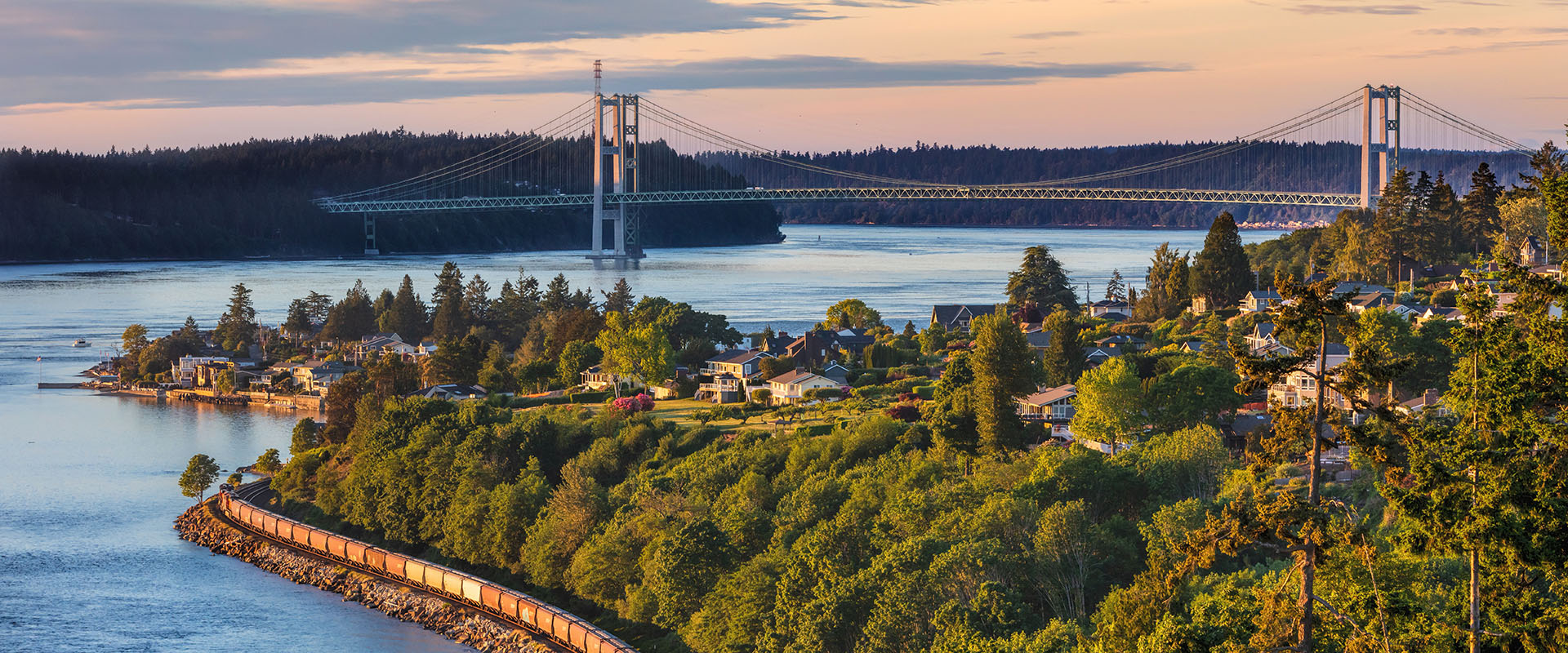 Aerial photo of a wooded neighborhood in the foreground and Tacoma Narrows Bridge in the background.