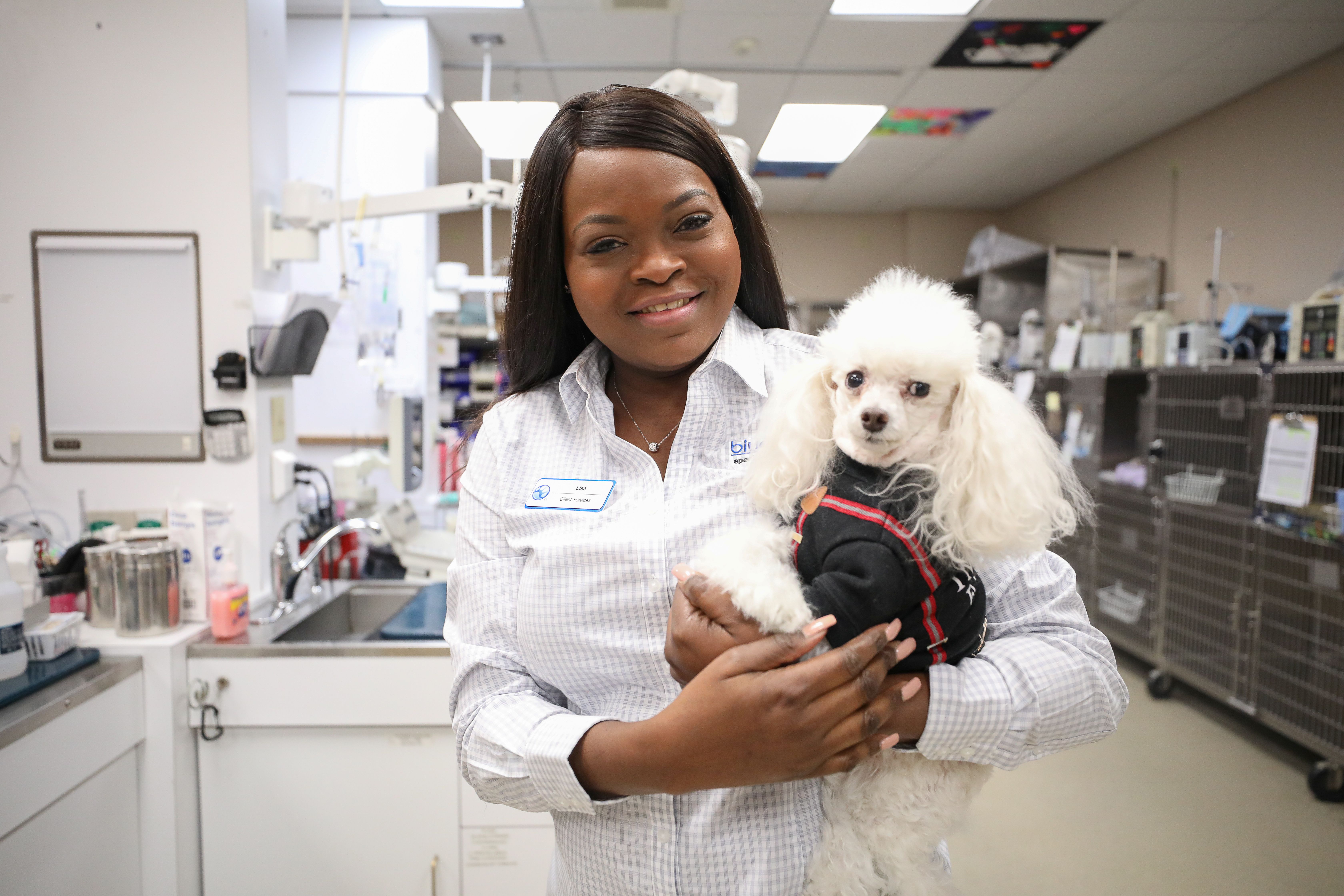 A BluePearl Associate in a white button-up shirt holds a fluffy white dog in a black jacket.