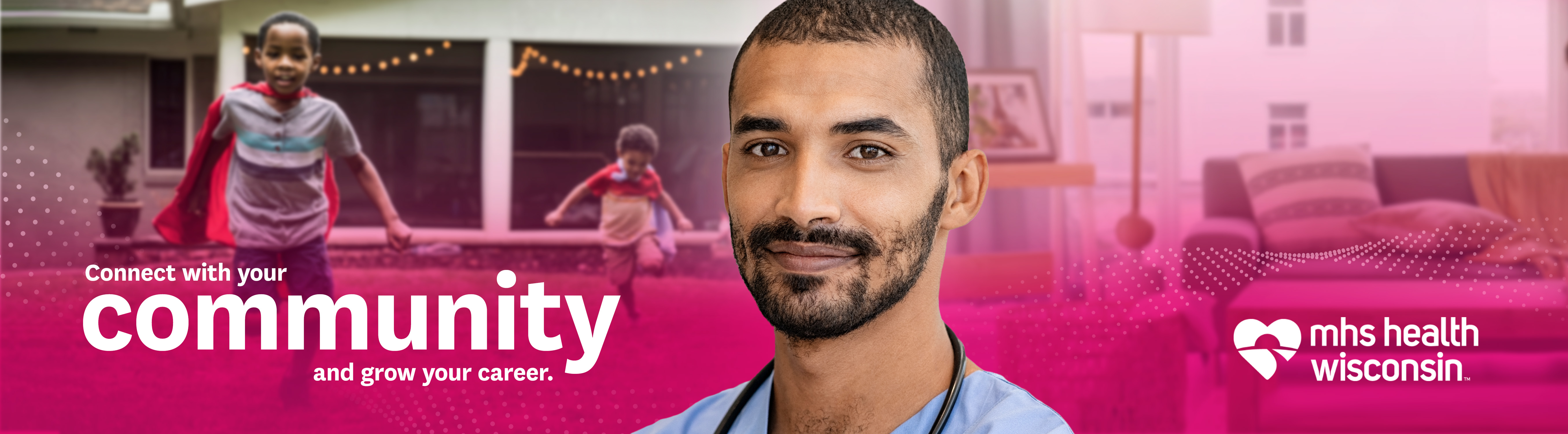 Male clinical worker with a graphic that says: connect with your community and grow your career.