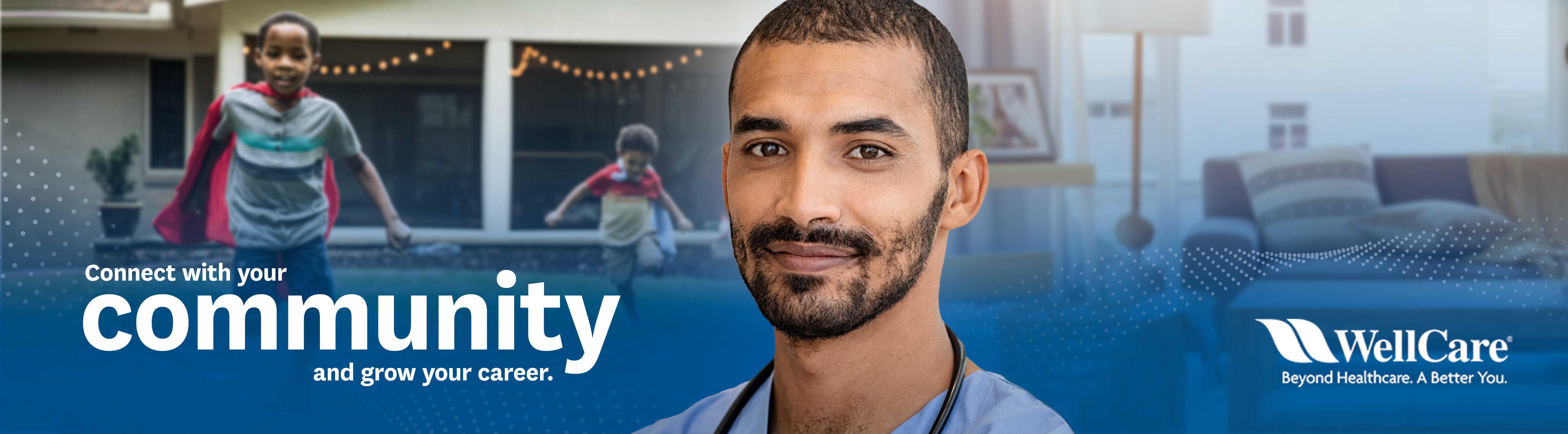 Male clinical worker with a graphic that says: connect with your community and grow your career.