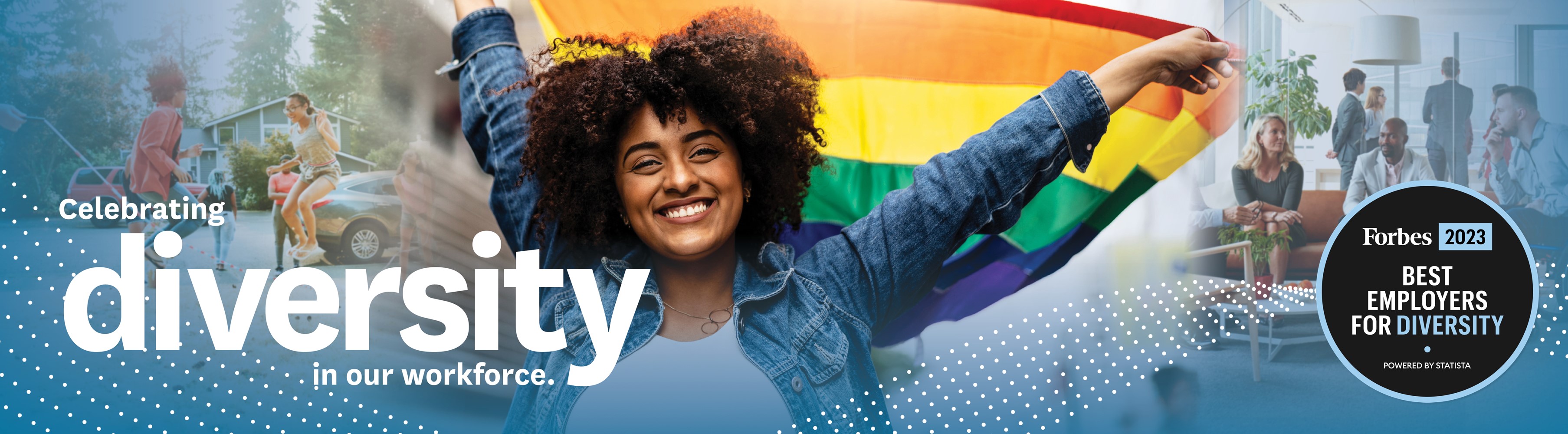 Woman with pride flag smiles with text: Celebrating diversity in our workforce.
