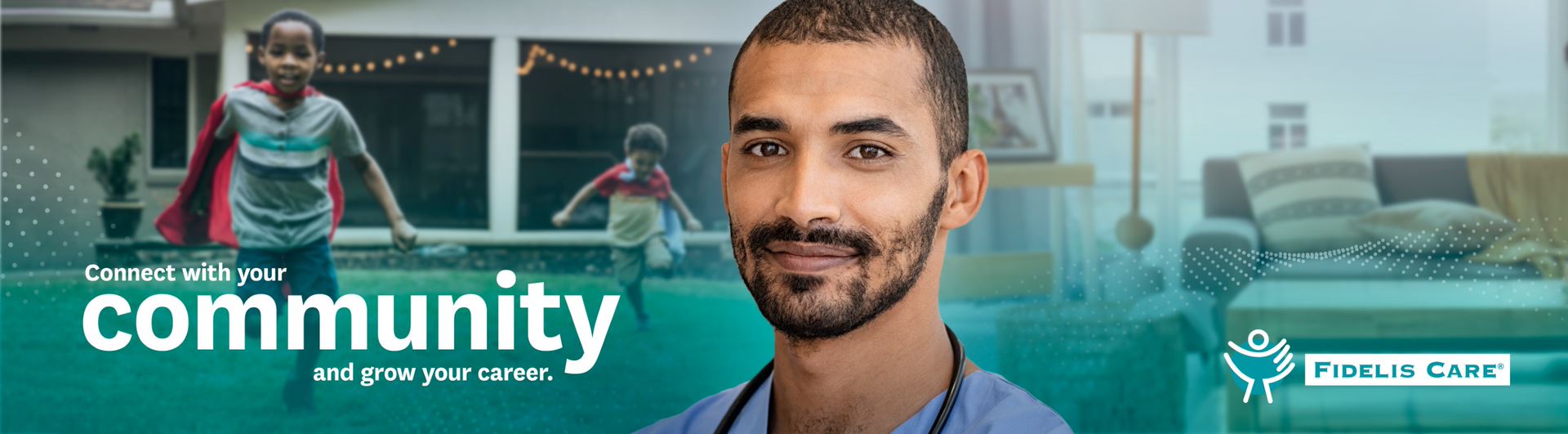 man smiling with children playing in the background with text that says "connect with your community and grow your career"