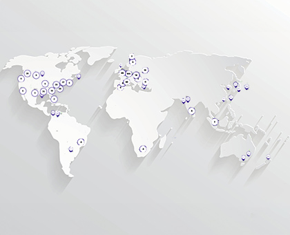 Graphic of map of the world with location pins in multiple countries.