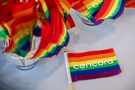 A pride flag with Cencora's logo on it rests on a table in front of two vases full of pride flags.