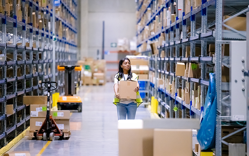 A cencora team member carries a box through a warehouse.