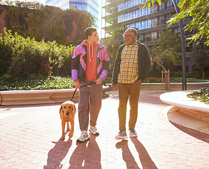 Two people wearing casual clothes walk their dog in a community park on a sunny day.