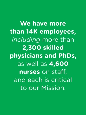 Children's Healthcare of Atlanta staff statistics showing 14,000 employees, 2,300 physicians/PhDs, and 4,600 nurses.