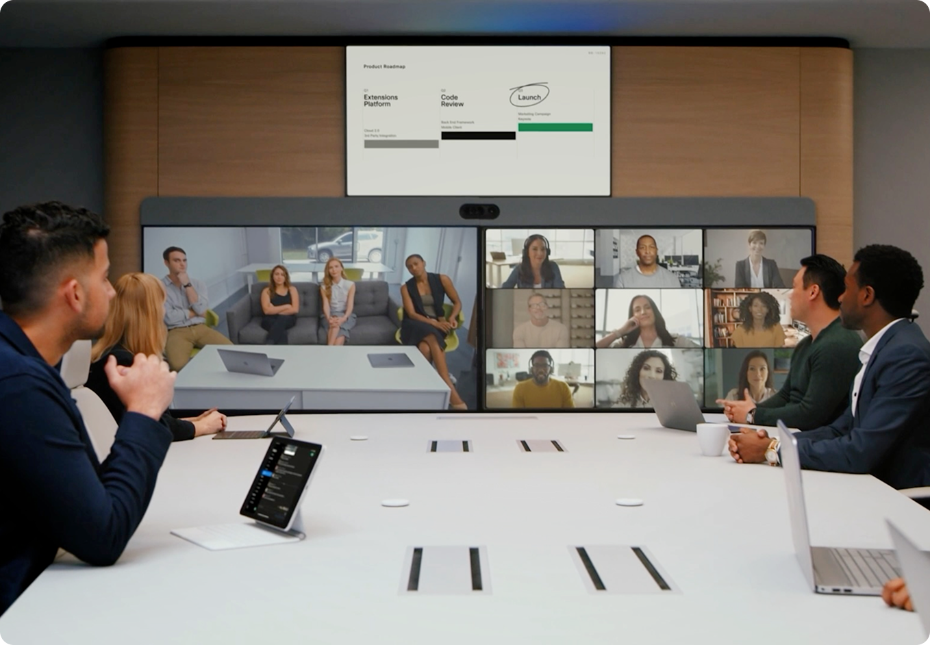 Employees in a conference room using Cisco Collaboration Devices
