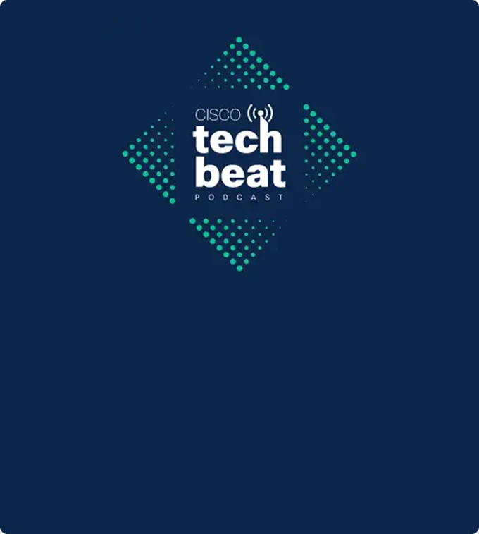 A black background with a green dotted diamond that at the center has the logo for the Cisco tech beat podcast.