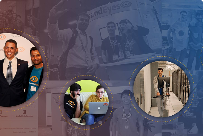 Three images in circles showing people at events, working together and independently.