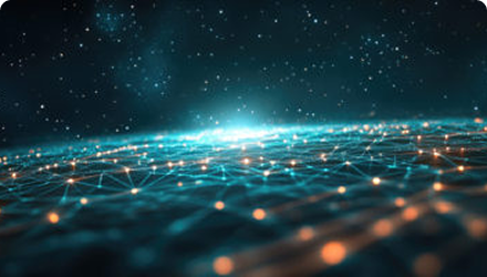 An abstract image of the world with connected networks and a starry sky above.