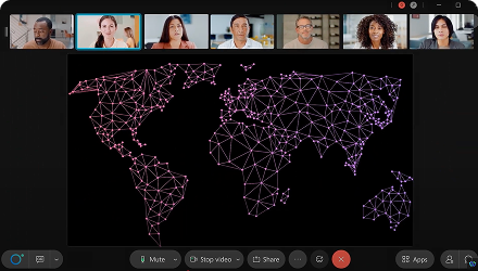 An image of a screen with a Webex call in progress. The screen shows an abstract map of the world with digital connections and the team of people on the call across the top.