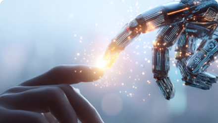 An AI image featuring a human hand touching a robot with light sparking where the fingers touch.