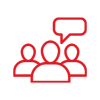 red interview icon with 3 people and speech bubble