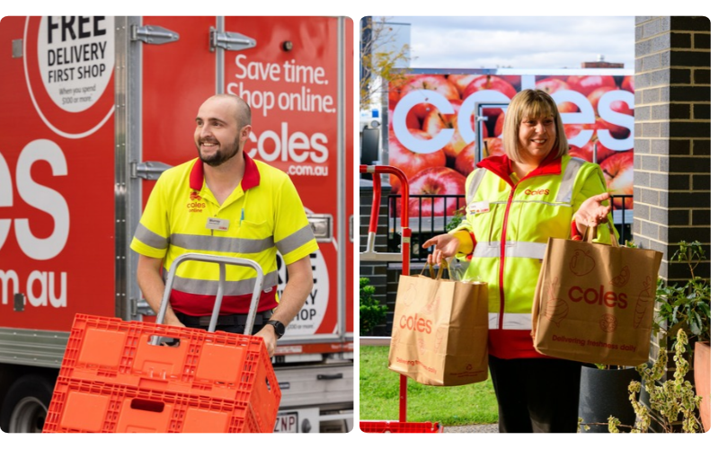 Two Coles team members in high-visibility uniforms handling online grocery deliveries, with one moving crates beside a Coles truck and another carrying paper grocery bags