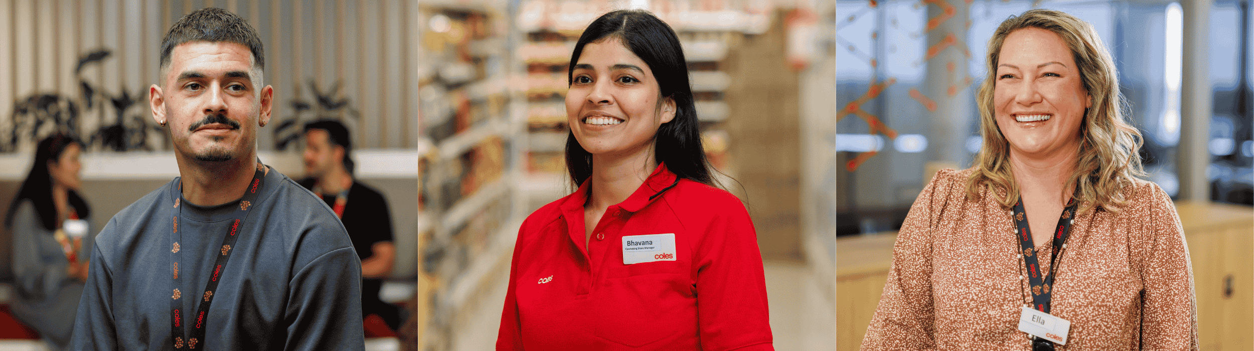 Three separate images displaying a male graduate in the Coles SSC, a female from the Store Manager Acellerator Program wearing a red polo working in-store, and a female team member involved in the Relauncher program working in the Coles SSC  