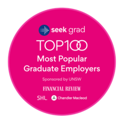Pink circular badge displaying ‘SEEK Grad Top 100 Most Popular Graduate Employers,’ sponsored by UNSW, Financial Review, SHL, and Chandler Macleod