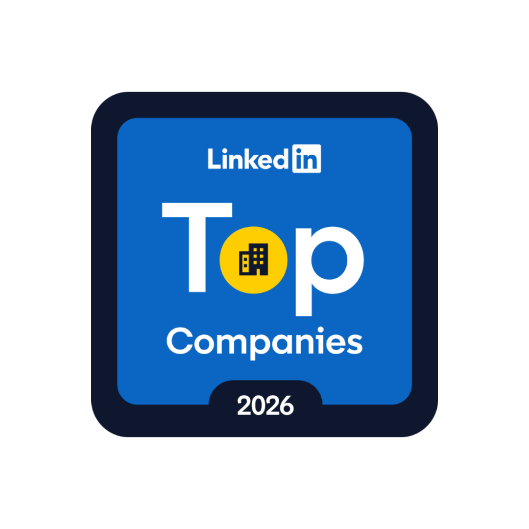 LinkedIn “Top Companies 2026” badge featuring a blue square with the LinkedIn logo at the top, the words “Top Companies” in white, a yellow circle with a building icon in the word “Top,” and “2026” centered at the bottom.