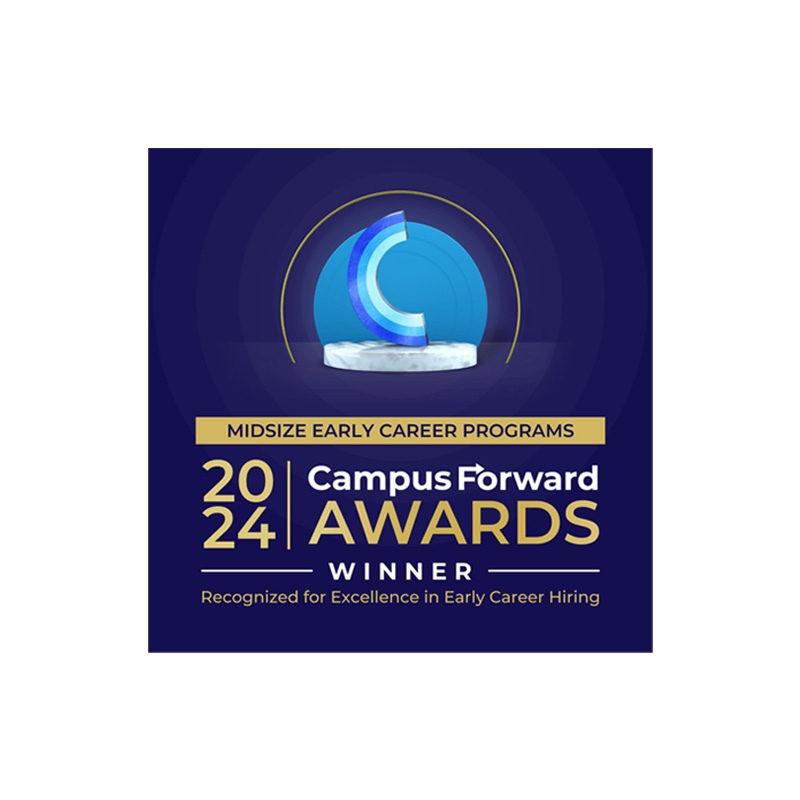 A graphic depicting the Campus Forward Awards 2024 for Midsize Early Career Programs. It features a blue and purple circular trophy icon with text reading "Winner" and "Recognized for Excellence in Early Career Hiring" against a dark blue background.