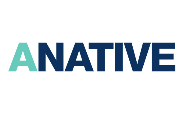 The image displays the word "ANATIVE" in bold uppercase letters. The "A" is colored light green, while the rest of the letters are navy blue. The background is white.