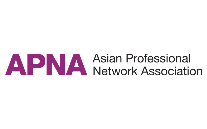 The image features the logo of the Asian Professional Network Association. The acronym "APNA" is in large, bold, purple letters while the full name "Asian Professional Network Association" is written in smaller, black letters to the right of the acronym.