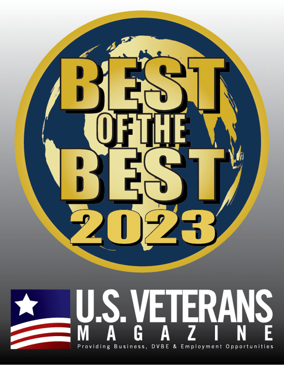 Best of the Best 2023" logo featuring bold yellow text on a blue and gold globe design. Below, a banner for U.S. Veterans Magazine with the American flag and text that reads "Providing Business, DVBE &amp; Employment Opportunities.