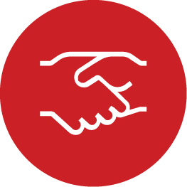 A red circular icon features a minimalistic white outline of two hands shaking, symbolizing agreement or partnership.