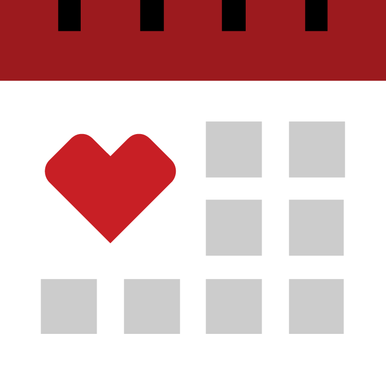 An illustration of a calendar with a red header. In the top left of the calendar, the first date square is marked with a red heart symbol, while the remaining squares are grey, indicating unmarked dates.