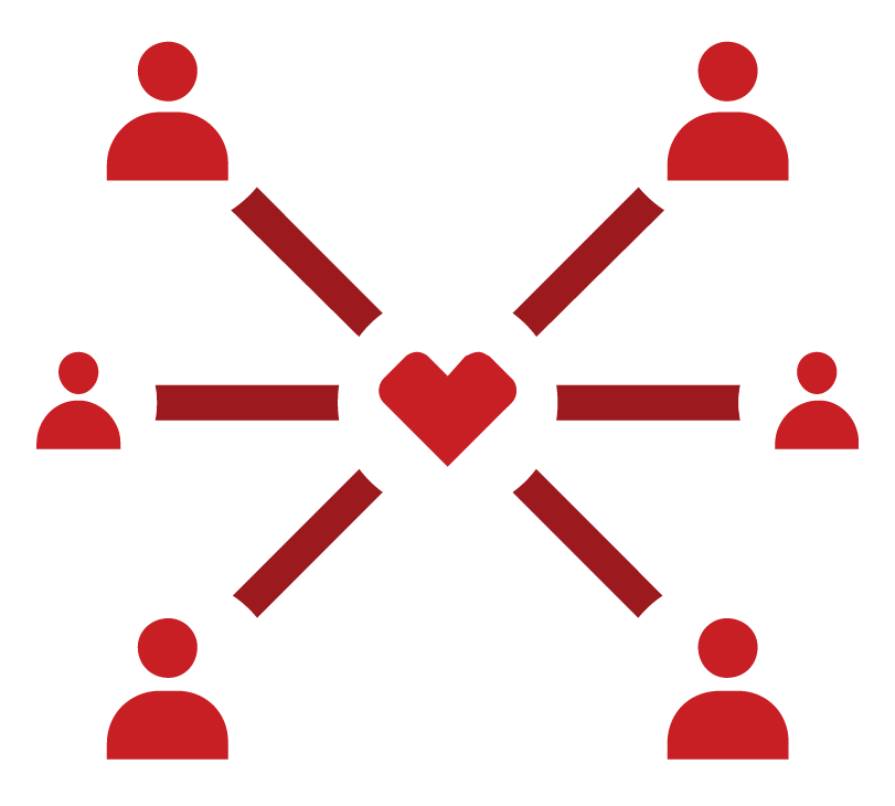 A red icon depicting a central heart connected to six individual, round-headed figures by arrows, symbolizing connection or communication among people.