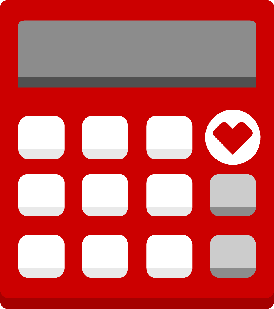 Illustration of a red calculator with a gray display screen. The keypad consists of nine square buttons in three rows and columns, with a red heart symbol in place of one of the buttons in the middle of the rightmost column.