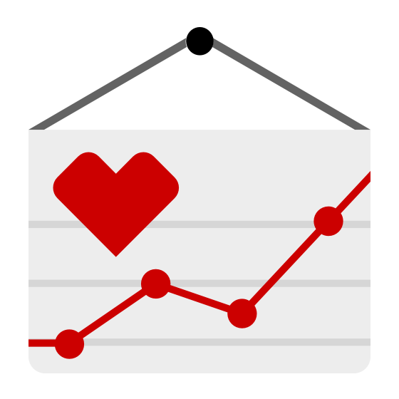 An illustration of a line graph with a red heart on the left side. The graph has five data points connected by a red line showing an upward trend. The graph is mounted on a wall with a black string.