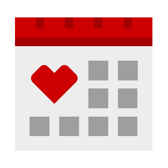 Icon of a calendar with a red top border. The calendar has six gray squares representing days, and one square in the upper left containing a red heart, suggesting a special date or event.