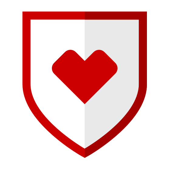 A white shield with a bold red border surrounds a red heart in the center. The shield is divided vertically into two equal halves, with a subtle shading effect distinguishing the left half from the right half.