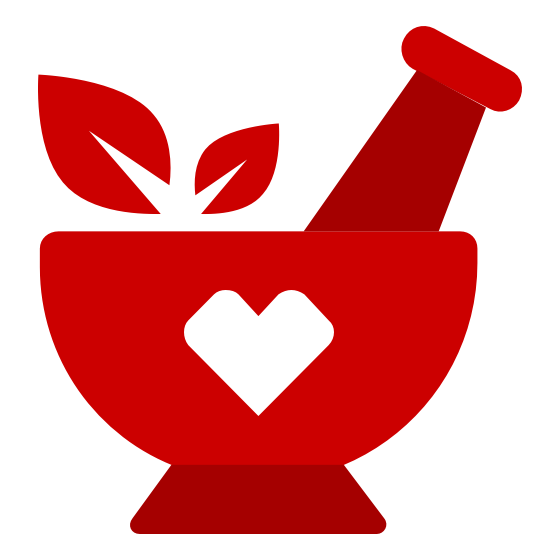 A red mortar and pestle icon with two leaves emerging from the bowl and a white heart symbol on the front.