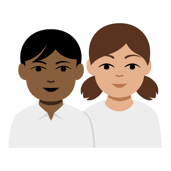 Illustration of two smiling children. The child on the left has short black hair, darker skin, and is wearing a white shirt. The child on the right has brown hair tied in pigtails, lighter skin, and also wears a white shirt.