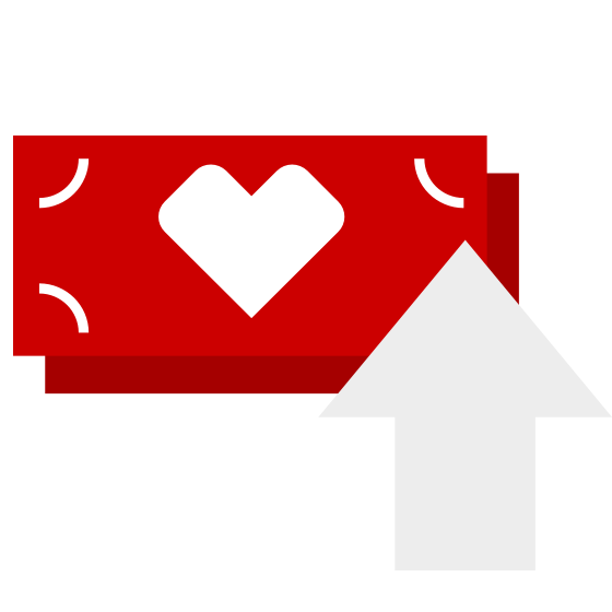 A red bill with a white heart symbol in its center and white corner designs is depicted behind a white arrow pointing upward.