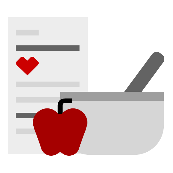 Illustration of a cooking scene: a gray mixing bowl with a spoon, a red apple, and a paper with a heart symbol and lines suggesting text.