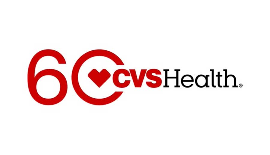 The image shows a logo commemorating CVS Health's 60th anniversary. The number "60" is prominently displayed, with the "0" incorporating a red heart. To the right of the "60," the text reads "CVS Health" with "CVS" in red and "Health" in black.