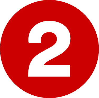 A white number 2 is centered within a bold, red circle. The design is simple and clear, with high contrast between the white digit and red background, making the number prominently visible.