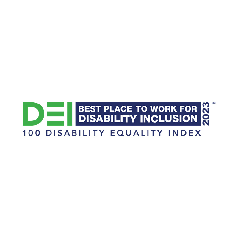 The logo text reads "DEI Best Place to Work for Disability Inclusion 2023" with "100 Disability Equality Index" beneath. The letters "DEI" are in green, and the rest of the text is in blue, reflecting a commitment to life and health inclusivity.